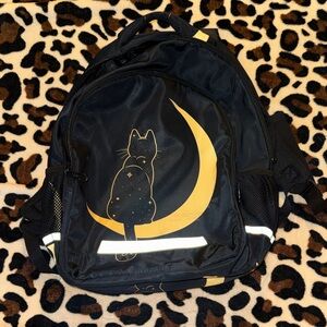 Black Backpack with Cat and Moon Design